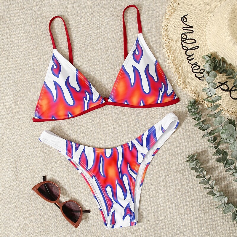 

Fire Print High Cut Bikini Swimsuit, Multicolor
