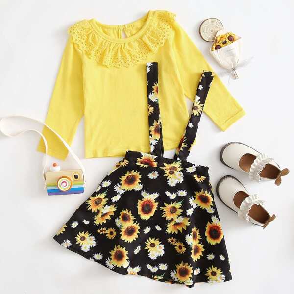

Toddler Girls Eyelet Embroidery Ruffle Tee & Sunflower Print Suspender Skirt, Multicolor