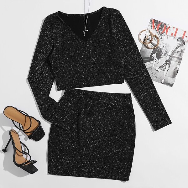

Glitter V-neck Crop Tee & Skirt, Black