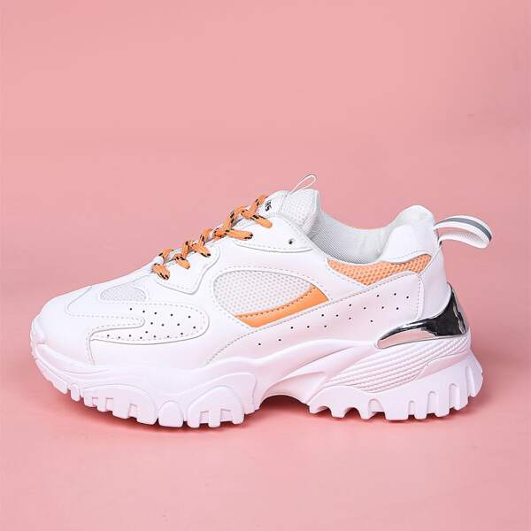

Lace-up Front Mesh Panel Chunky Sneakers, White