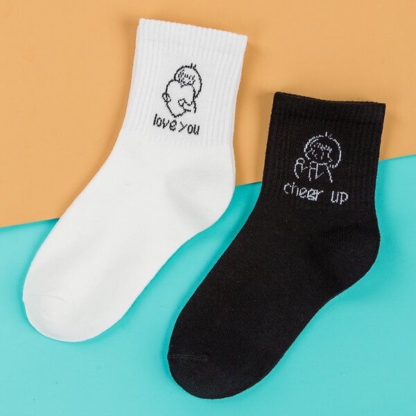 

2pairs Letter Graphic Socks, Black and white