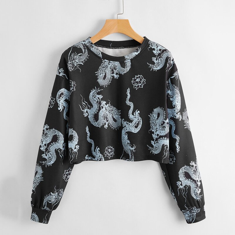 

Chinese Dragon Print Crop Sweatshirt, Black