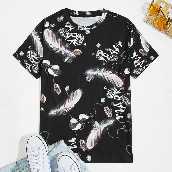 

Men Feather And Letter Graphic Tee, Black