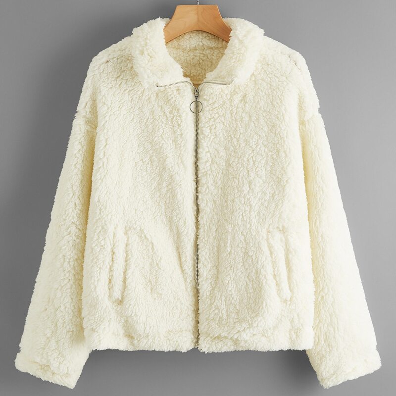 

Drop Shoulder O-ring Zip Up Teddy Jacket, Beige