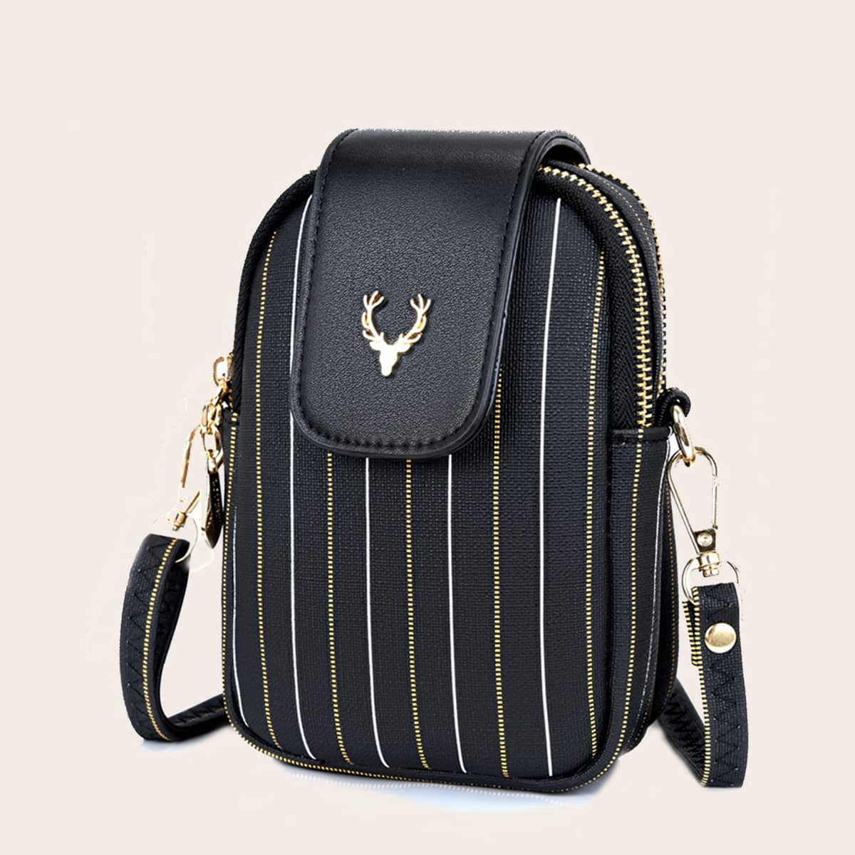 

Deer Decor Striped Crossbody Bag, Black