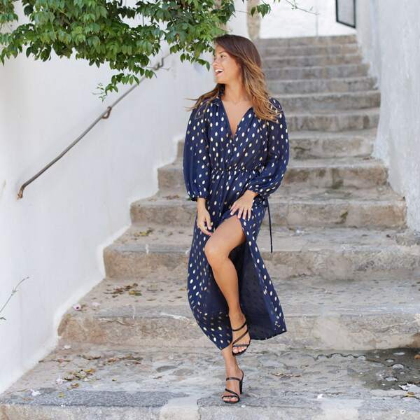 

Polka Dot Half Placket Split Thigh Dress, Navy blue