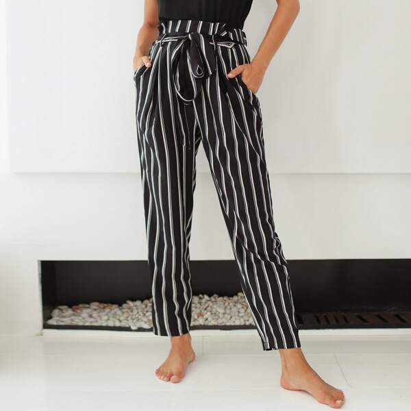 

Striped Print Slant Pocket Belted Pants, Black