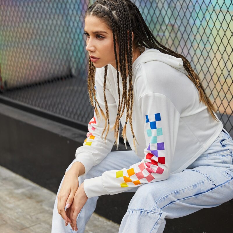 

Colorful Checkerboard Drop Shoulder Hoodie, White