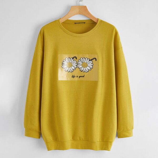 

Drop Shoulder Letter & Daisy Floral Graphic Sweatshirt, Mustard yellow