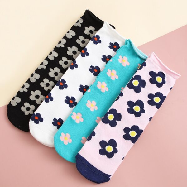 

4pairs Flower Pattern Socks, Multicolor