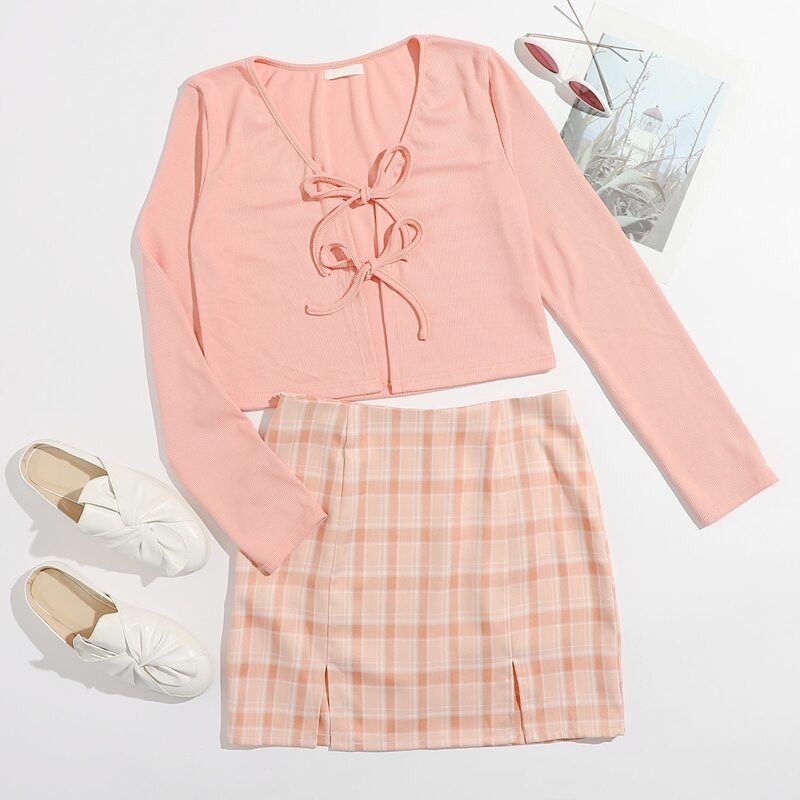 

Tie Front Top & Plaid Skirt, Pink