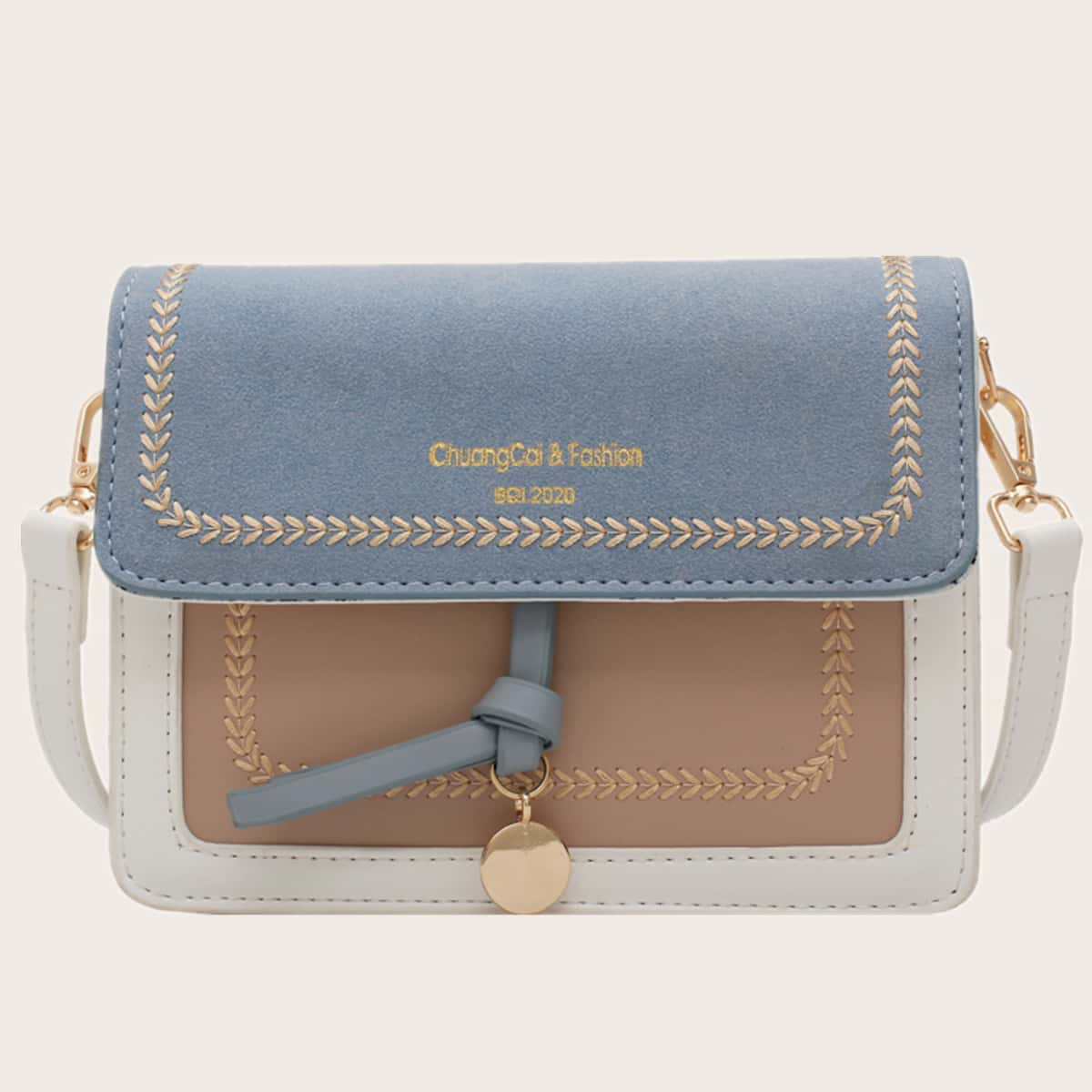 

Color Block Stitch Detail Flap Crossbody Bag, Blue