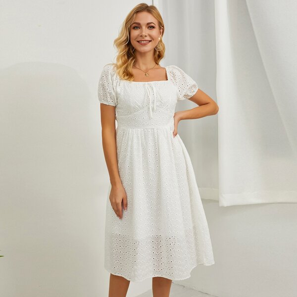 

Square Neck Eyelet Embroidery Dress, White