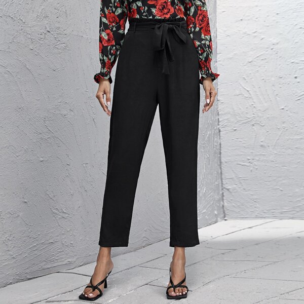 

Paperbag Waist Belted Pants, Black