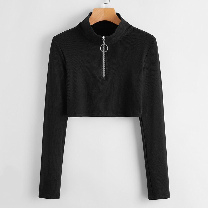 

Half Zip Crop Tee, Black