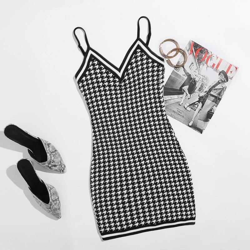 

Striped Trim Houndstooth Bodycon Dress, Black and white