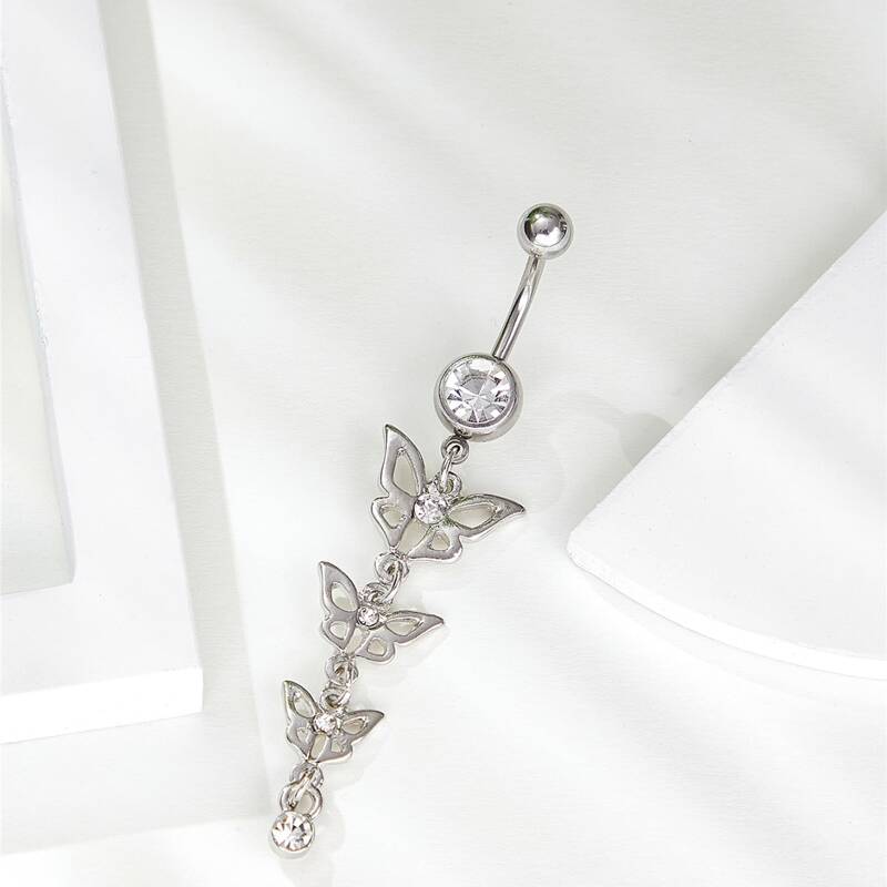 

Rhinestone Butterfly Decor Belly Bar, Silver