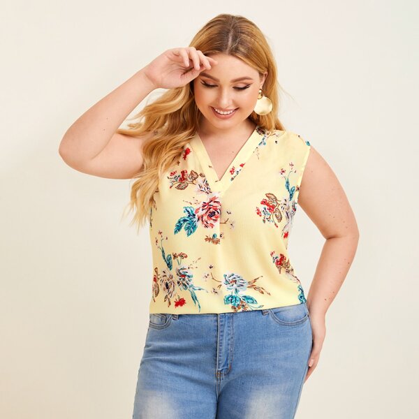 

Plus Fold Pleated Front Sleeveless Floral Top, Yellow