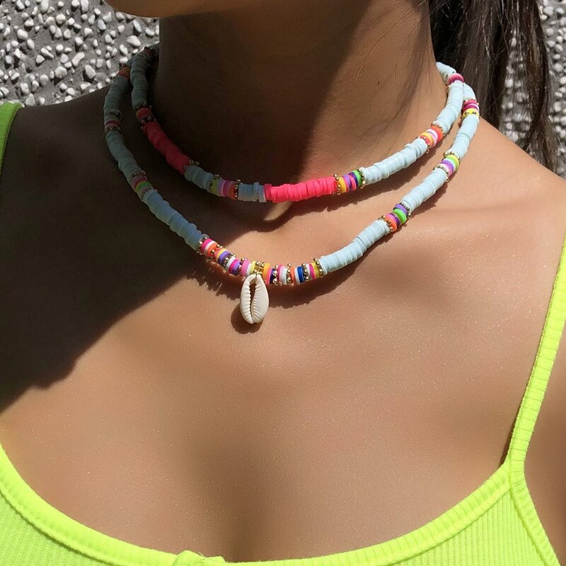 

2pcs Shell Charm Beaded Necklace, Multicolor