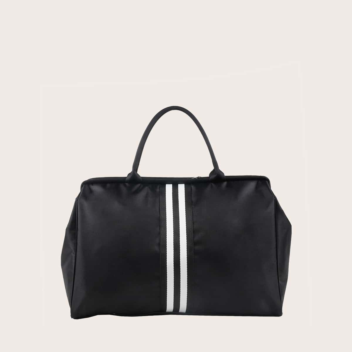 

Striped Detail Double Handle Duffle Bag, Black