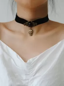 Halloween Skull Charm Choker - Black - View 1
