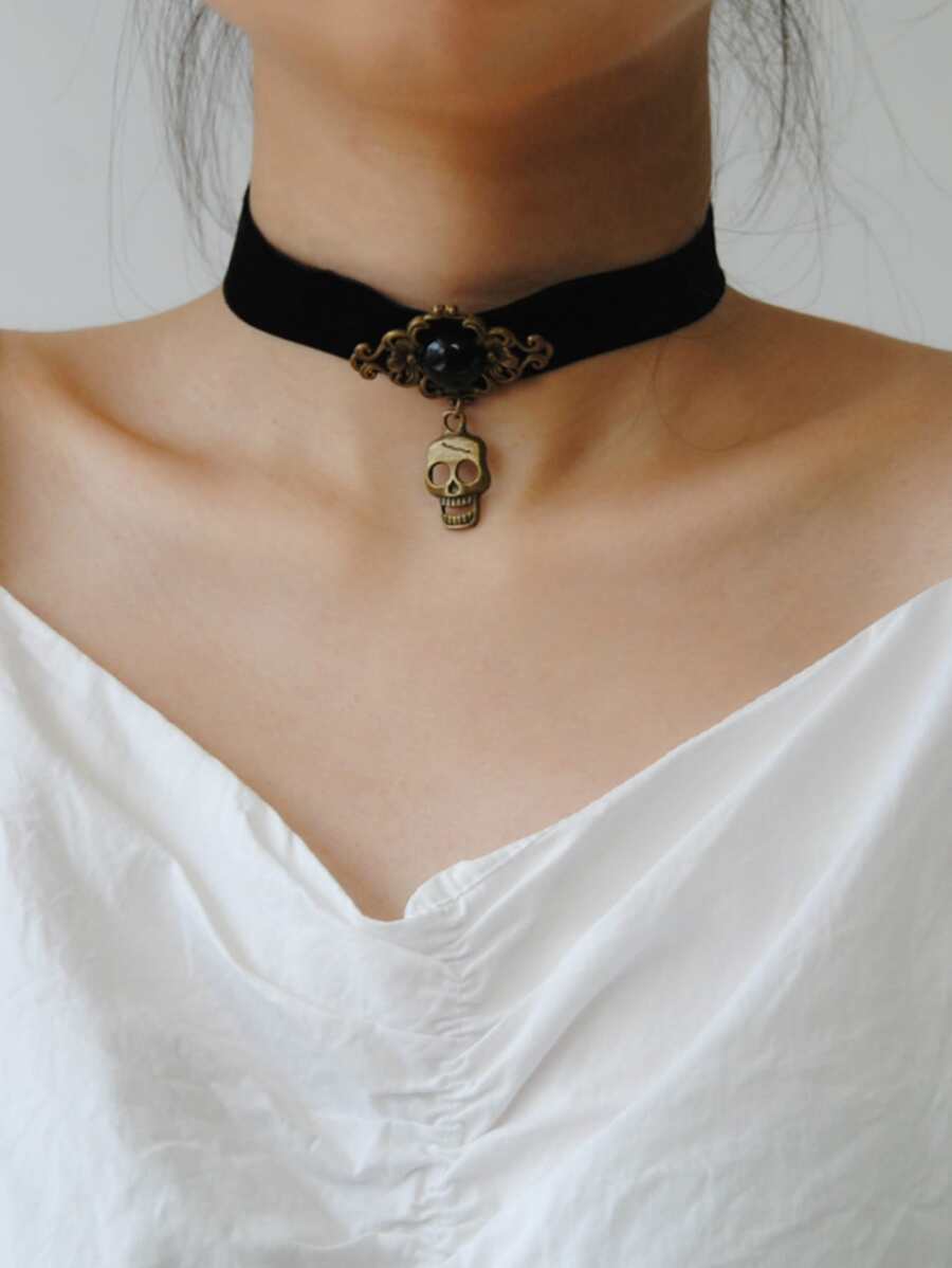 Halloween Skull Charm Choker - Black - View 1