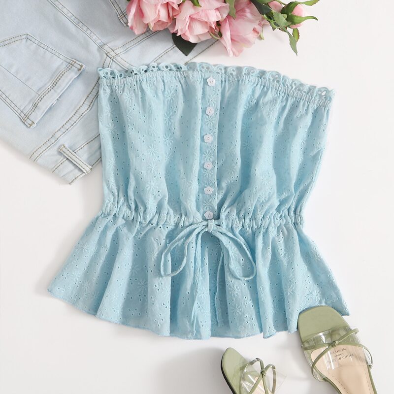 

Schiffy Button Front Drawstring Tube Top, Mint blue