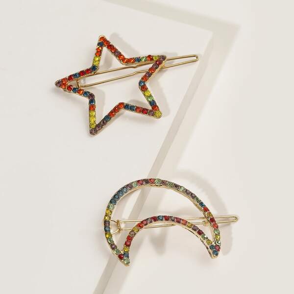 

2pcs Rhinestone Decor Moon & Star Hair Clip, Multicolor