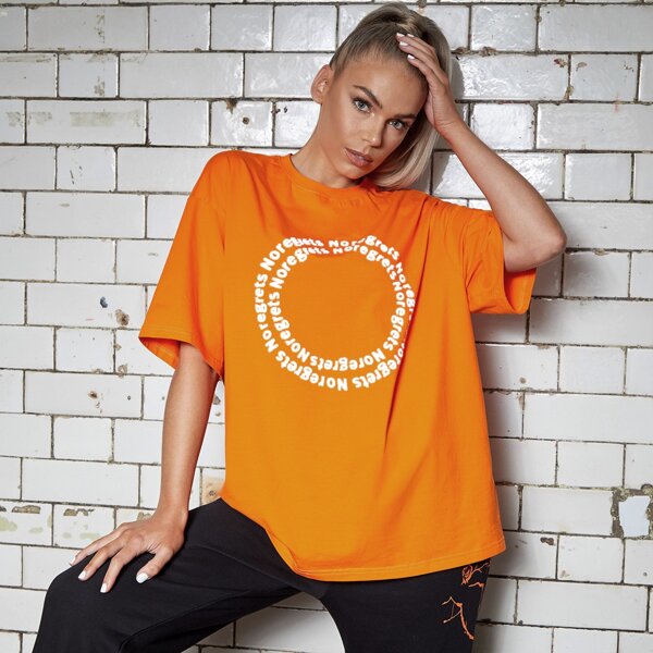

Drop Shoulder Reflective Letter Graphic Tee, Orange bright
