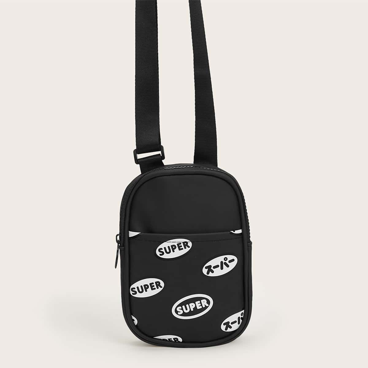 

Japanese Letter Graphic Crossbody Bag, Black
