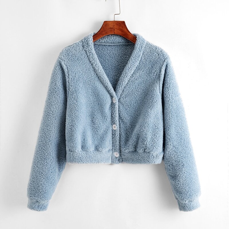 

Solid Button Front Teddy Jacket, Dusty blue