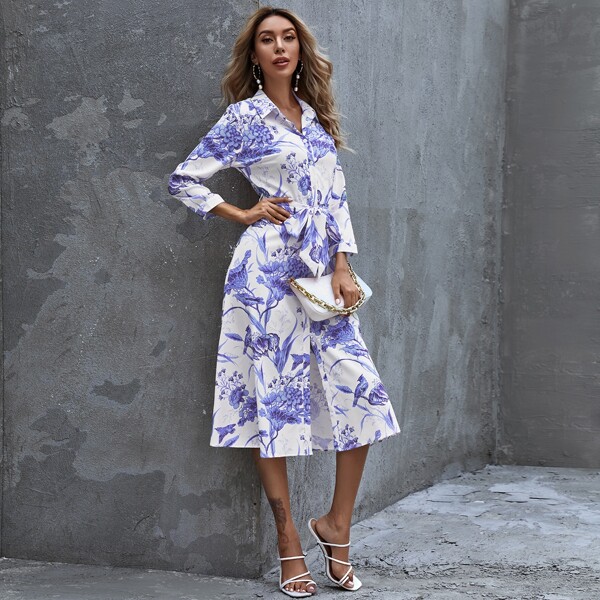 

Floral Self Tie Shirt Dress, Blue and white