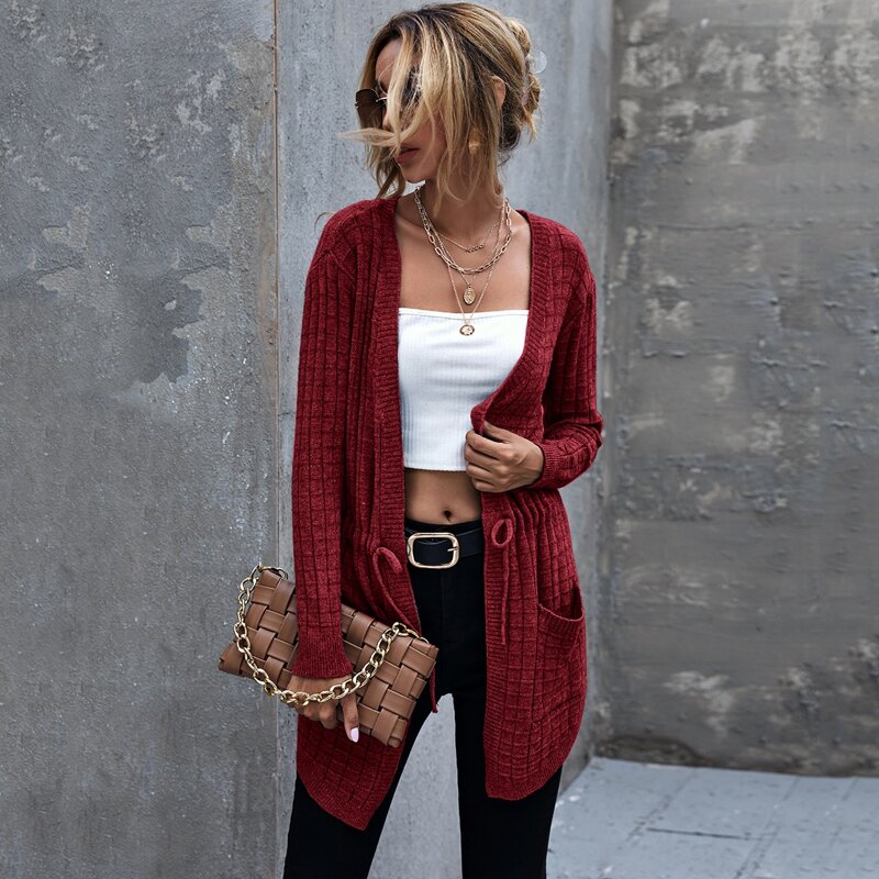

Dual Pocket Drawstring Waist Cardigan, Burgundy