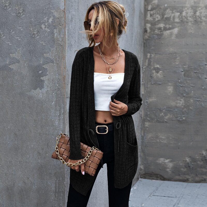 

Dual Pockets Drawstring Solid Cardigan, Black