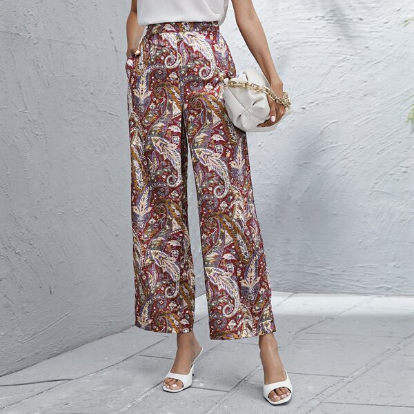 

Paisley And Floral Print Slant Pocket Wide Leg Pants, Multicolor