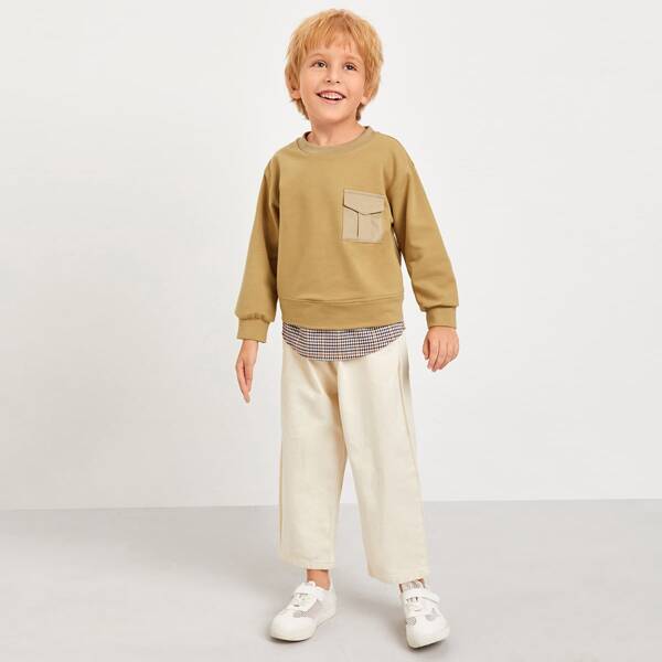 

Toddler Boys 2 In 1 Plaid Print Flap Pocket Sweatshirt, Camel
