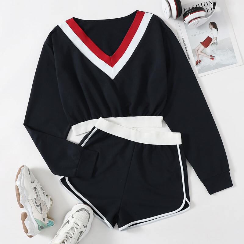 

Contrast Binding Crop Top & Shorts, Black
