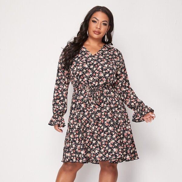 

Plus Allover Floral Belted A-line Dress, Multicolor