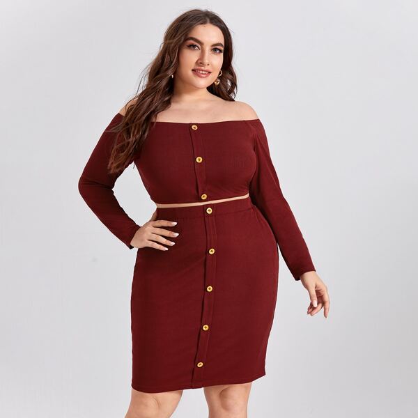 

Plus Off Shoulder Crop Top & Button Front Skirt, Burgundy