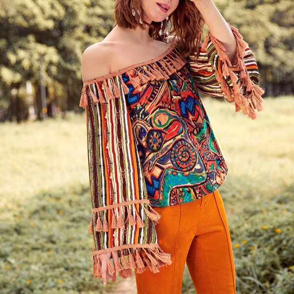 

Off Shoulder Graffiti Print Tassel Top, Multicolor
