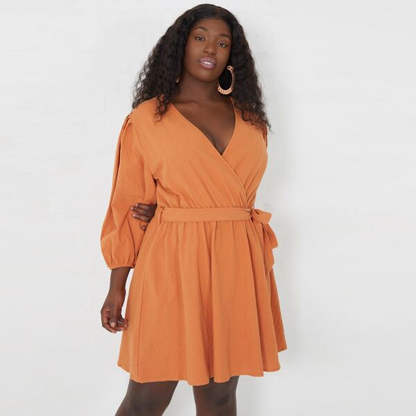 

Plus Surplice Neck Belted Dress, Orange