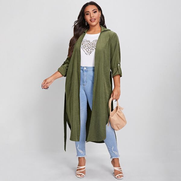 

Plus Rolled Tab Sleeve Self Belted Coat, Army green