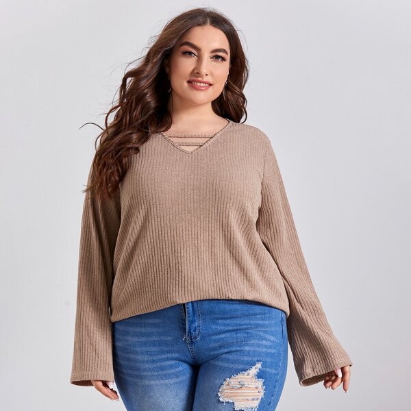 

Plus Cut Out Rib-knit Tee, Mocha brown