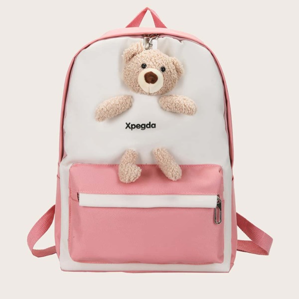 

Plush Bear Decor Two Tone Backpack, Pink