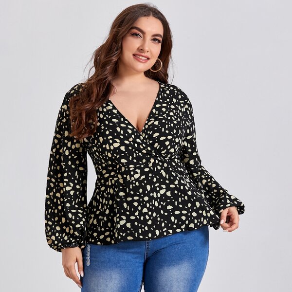 

Plus Dalmatian Print Surplice Front Peplum Blouse, Black