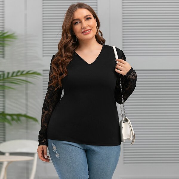 

Plus Contrast Lace Solid Tee, Black