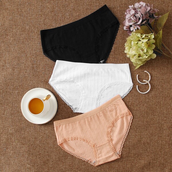 

3pack Solid Lace Trim Panty Set, Multicolor