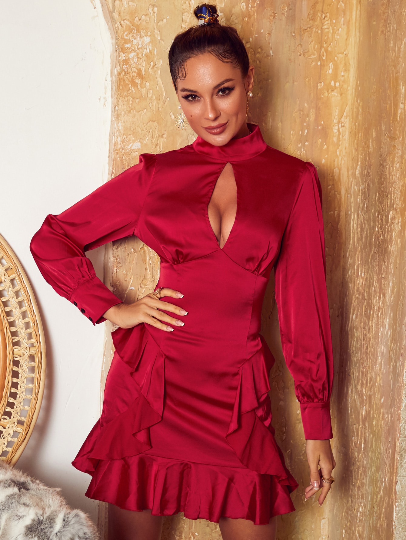 Cut Out Front Ruffle Trim Satin Dress thumbnail