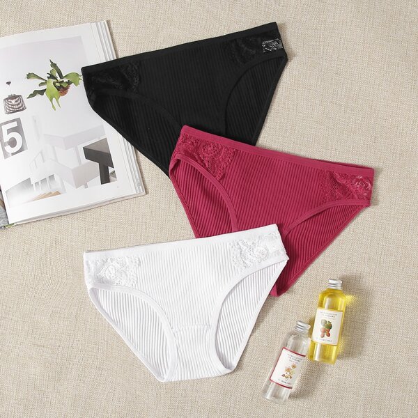 

3pack Contrast Lace Rib Panty Set, Multicolor