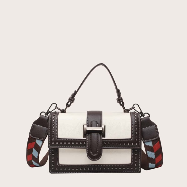 

Color Block Studded Guitar Strap Satchel Bag, White